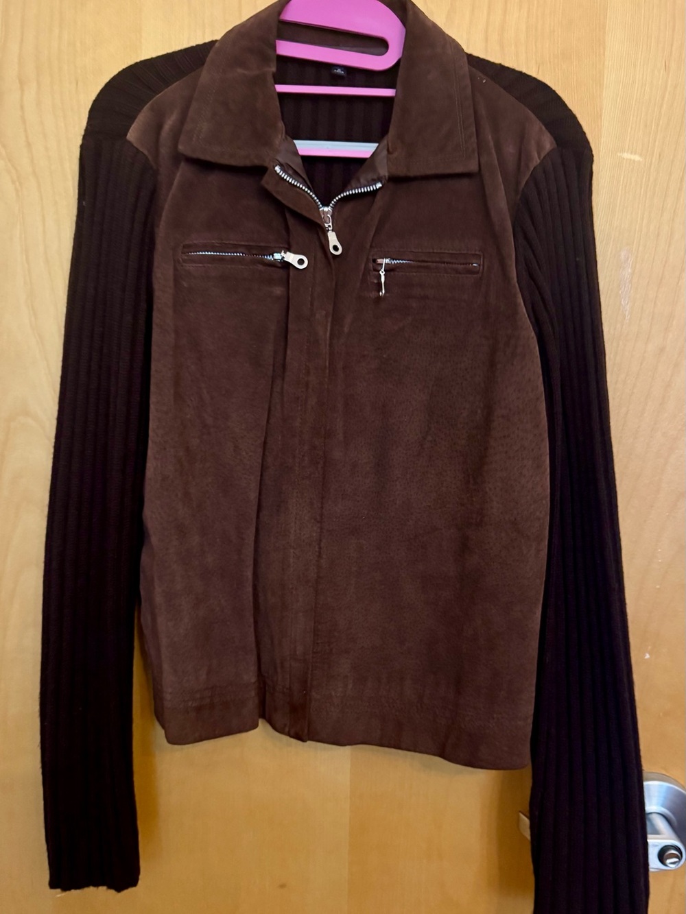 Mandee Y2K Brown Faux Suede Knit Sleeve Moto Zip Jacket L Boho Western